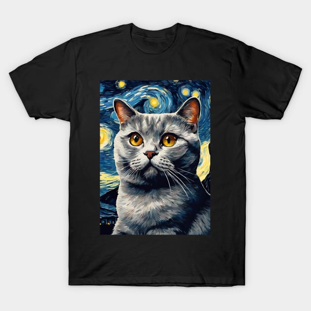 Adorable British Shorthair Cat Breed Painting in a Van Gogh Starry Night Art Style T-Shirt by Art-Jiyuu